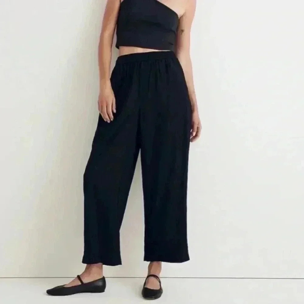 Madewell Parker Crepe Crinkle Straight Ankle Flowy Pants Black, Size XS
